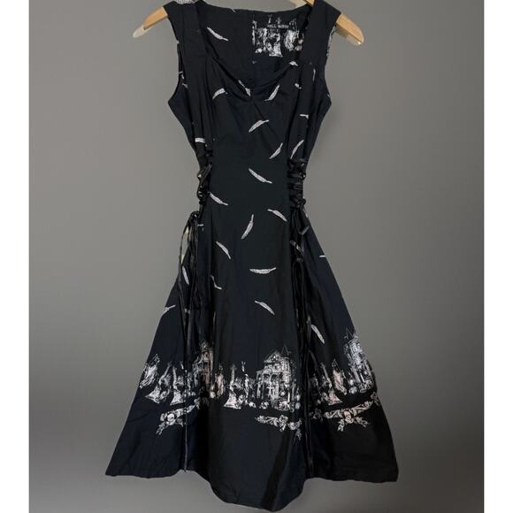 HELL BUNNY ADARE DRESS HAUNTED HOUSE GOTHIC BLACK FEATHER ROCK A BILLY SMALL S - Picture 1 of 5